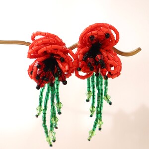 Long Red Flower Drop Earrings, Beaded Flower Statement Earrings, Unique Dainty Earrings, Oversized Earrings, Lightweight Dangle Earrings image 4
