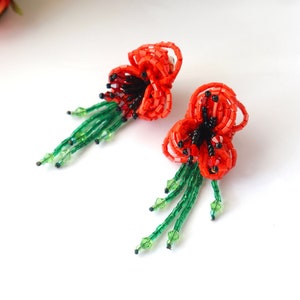 Long Red Flower Drop Earrings, Beaded Flower Statement Earrings, Unique Dainty Earrings, Oversized Earrings, Lightweight Dangle Earrings image 1