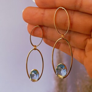 Gold Oval Dangle Earrings, Blue Crystal Drop Earrings, Minimalist 18k Gold Dainty Earrings, Statement Earrings, Wedding Jewelry image 2