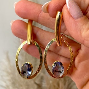 Gold Oval Dangle Earrings, Blue Crystal Zirconia Drop Earrings, Minimalist 18k Gold Dainty Earrings, Statement Earrings, Wedding Jewelry image 2