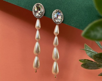 Long Dainty Crystal Pearl Drop Earrings, Oversized Chandelier Earrings, Art Deco Pearl Bridal Earrings Modern Wedding, Gifts for Her