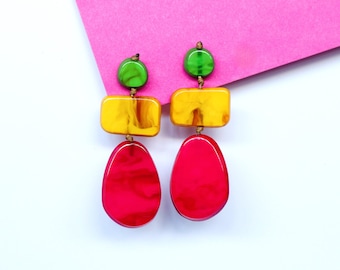 Geometric Acrylic Stud Earrings: Pink Yellow and Green Statement Jewelry