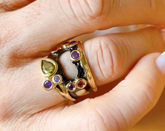 Black Gold Enamel Ring, Cubic Zirconia Copper Ring, CZ Dainty Ring, Chunky Gold Ring, Multi-colored crystal gemstone ring, Gift Jewelry