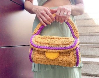 Unique Knitting Crochet Bag, Top Handle Bag, Handmade Knitted Bag, Hand Woven Bag, Crochet Yarn Purse Bag, Boho Crochet Bag, Women Bag