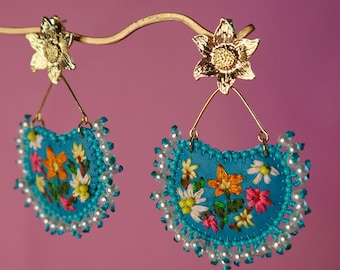 Unique Hand Embroidered Flower Earrings, Dainty Beaded Pearl Dangle Earrings, Turquoise Leather Statement Earrings, Oversized Drop Earrings