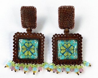 Portugal Tile Earrings: Handmade Mediterranean Atrio Azulejo, Floral Statement Jewelry Gift