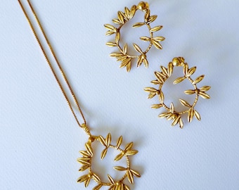 Gold Filled Olive Leaf Wreath Pendant Necklace: 925 Silver Branch Jewelry