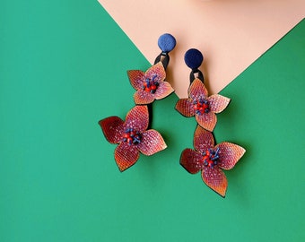 Extra Long Hand-painted Flower Earrings, Unique Double Flower Leather Earrings, Floral Statement Jewelry, Oversized Lightweight Earrings