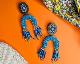 Boho Beaded Tassel Earrings, Oversized Earrings, Blue Drop Earrings, Large Bohemian Earrings, Unique Big Earrings, Bead Embroidery Earrings