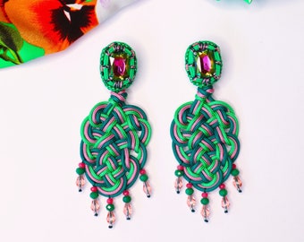 Unique Celtic Knot Drop Earrings, Pink and Green Rope Earrings with Crystal, Hand Embroidery Chandelier Earrings, Valentine's Day Gift