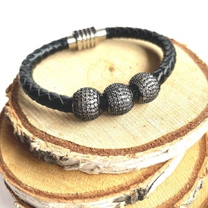 Leather Braided Cord Bracelet with CZ Pave Ball, Leather Bracelet with Black Silver Cubic Zirconia Charm, Dainty Leather Wrap Bracelet image 1