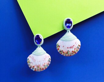 Seashell Drop Earrings: Blue Crystal Scallop Shell, Boho Jewelry