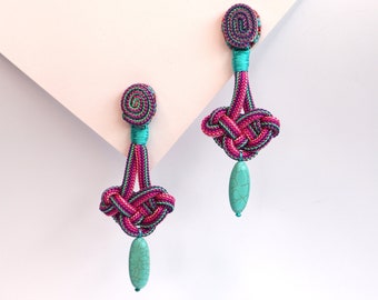 Long Celtic Knot Drop Earrings, Pink Purple Rope Earrings with Turquoise Howlite, Hand Embroidery Chandelier Earrings, Valentine's Day Gift