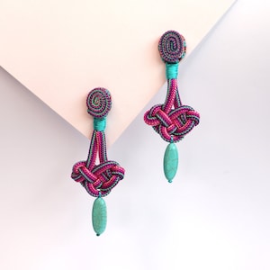 Long Celtic Knot Drop Earrings, Pink Purple Rope Earrings with Turquoise Howlite, Hand Embroidery Chandelier Earrings, Valentine's Day Gift image 1