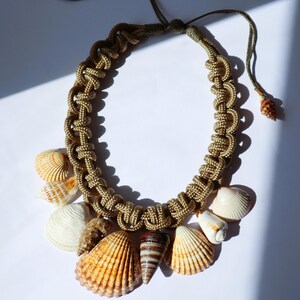 May include: A brown and gold rope necklace with a variety of seashells attached. The shells are in shades of brown, white, and tan.