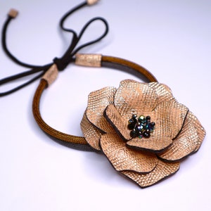 Big Gold Flower Choker Necklace with Crystal, Leather Floral Statement Collar Necklace, Large Flower Tie Necklace, Dainty Leather Jewelry image 1