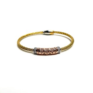 Gold filled steel cable bracelet, Studded cubic zirconia bangle, Dainty single bracelet, Twisted steel bracelet with magnetic clasp