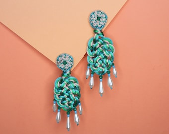 Unique Celtic Knot Drop Earrings, Blue and Green Rope Earrings with Crystal, Hand Embroidery Chandelier Earrings, Valentine's Day Gift