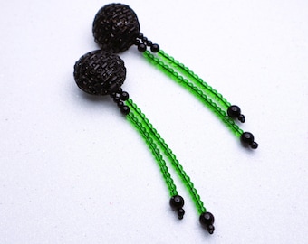 Long Black and Green Beaded Dangle Earrings, Oversized Earrings, Dainty Tassel Drop Clip on Earrings, Crystal Jewelry, Gifts for Her