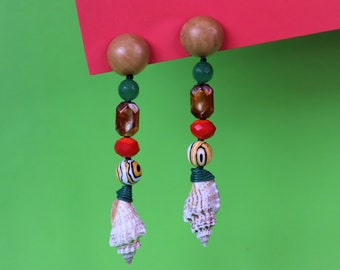 Seashell Statement Earrings: Chunky Red Crystal Wood Art Deco Jewelry