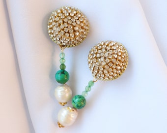 Dainty Pearl Drop Earrings, Green Turquoise Baroque Pearl Dangle Earrings, Beaded Gemstone Statement Earrings, Unique Bridal Pearl Jewelry