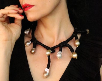 Elegant Choker Pearl Necklace| Black Leather and Baroque Pearl Choker| Branches Choker Necklace| Gifts for Wife| Minimalist Statement Choker
