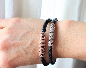Leather Braided Cord Bracelet with CZ Pave Curved Tube, Leather Bracelet with Rose Gold Silver Cubic Zirconia Charm, Leather Wrap Bracelet