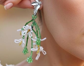 Long White Beaded Bridal Earrings, CZ Silver Leaf Studs, Boho Wedding Flower Jewelry