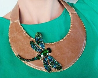 Big Green Dragonfly Crystal Necklace, Chunky Leather Statement Necklace, Large Boho Bib Necklace, Unique Bohemian Necklace, Gifts for Her