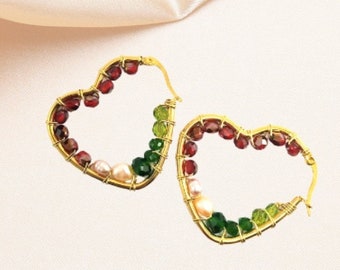 Dainty Pearl Crystal Hoops, Wire Wrapped Beaded Hoops, Ruby Green Crystal Hoops, Heart Steel Hoop Earrings, Gold Filled Hoops Earrings