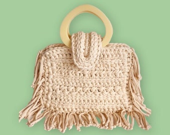Beige Cream Crochet Handbag, Large Bohemian Hand Woven Bag with Fringe, Macrame Rope Bag