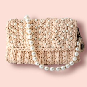 Bolso de ganchillo bordado con perlas, bolso de hombro con correa de perlas, bolso hecho a mano, elegante bolso de noche de ganchillo, bolso de boda de ganchillo, bolso de mujer