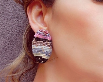 Colorful Beaded Statement Earrings, Large Pink Black Geometric Oval Chunky Earrings, Bohemian Minimalist Earrings, Summer Dainty Jewelry