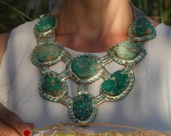 Emerald Green Jasper Statement Necklace, Bold Gold Leather Bib with Large Stone Slabs, Perfect gift jewelry for her, Artisan Piece