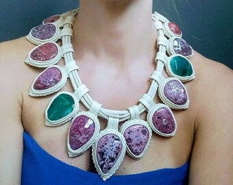Bold Gemstone Statement Necklace | Pink Agate & Emerald Green Slab on White Leather | Boho Maximalist Jewelry Gift for Her