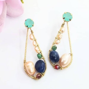 Bridal Pearl Drop Earrings, Gold Hoop Earrings for Women, Baroque Pearl and Lapis Lazuli Gemstone Earrings, Teardrop Pearl Earrings Wedding image 1