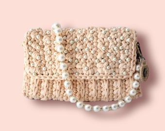Hand Woven Crochet Shoulder Bag, Long Removable Pearl Strap, Cotton Yarn Wallet Purse