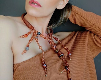 Caramel Beaded Choker, Long Caramel Necklace Statement Leather Necklace Beaded Choker Necklace Wire Beads Necklace Chunky Stones Necklace