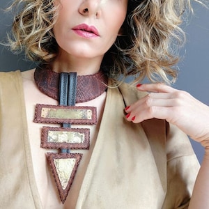 Big Geometric Brown Leather Statement Necklace with Oxidized Brass, Bohemian Bib Leather Necklace, Unique Bold Tribal Chunky Choker Necklace