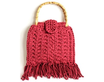 Burgundy Leather Fringe Bag Bamboo Handle Shoulder Vintage Handbags