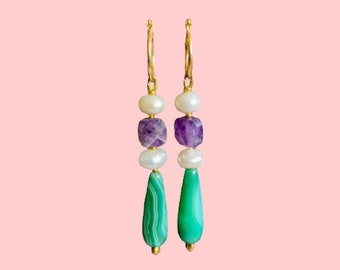 Amethyst and Pearl Drop Earrings, Green Agate Teardrop Earrings, Gold Hoop Earrings, Dainty Dangle Earrings, Beaded Statement Earrings