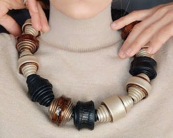 Unique Bold Chunky Necklace with Leather Beads, Handmade Statement Leather Necklace, Bohemian  Bib Necklace, Avant Garde Necklaces for Women