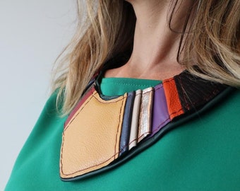 Colorful Bib Leather Statement Necklace, Modern Bohemian Chunky Necklace, Big Bold Necklace, Boho Style Necklace for Women, Leather Jewelry