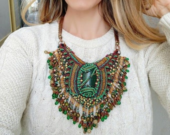Bohemian Embroidery Necklace | Beaded Chunky Green Embroidery Necklace | Handmade Jewelry Gift | Unique Aesthetic Statement To My Wife