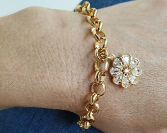 Dainty 24k Gold Filled Chain Bracelet | Flower Drop Charm & Minimalist Stacking Bracelet | Statement Jewelry Gift for Her