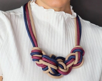 Nautical Knotted Rope Necklace, Contemporary Rope Statement Necklace, Elegant Knot Bib Necklace, Braided Textile Cord Necklace,Gifts for her