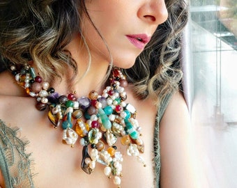 Luxury Gemstone Freshwater Pearl Bib Necklace, Beaded Colorful Choker Necklace, Bridal Statement Necklace, Unique Wedding Collar Necklace