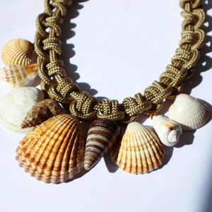 May include: A gold rope necklace with various seashells attached. The shells are in shades of white, brown, and tan.
