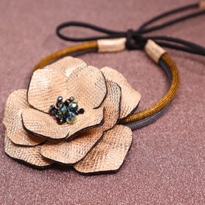 Big Gold Flower Choker Necklace with Crystal, Leather Floral Statement Collar Necklace, Large Flower Tie Necklace, Dainty Leather Jewelry image 4