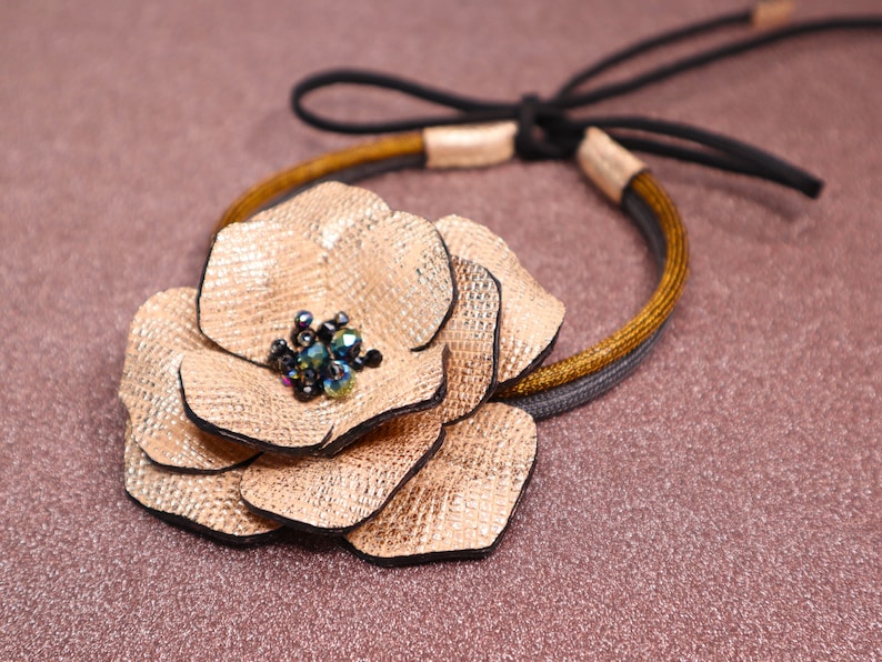 Big Gold Flower Choker Necklace with Crystal, Leather Floral Statement Collar Necklace, Large Flower Tie Necklace, Dainty Leather Jewelry image 4